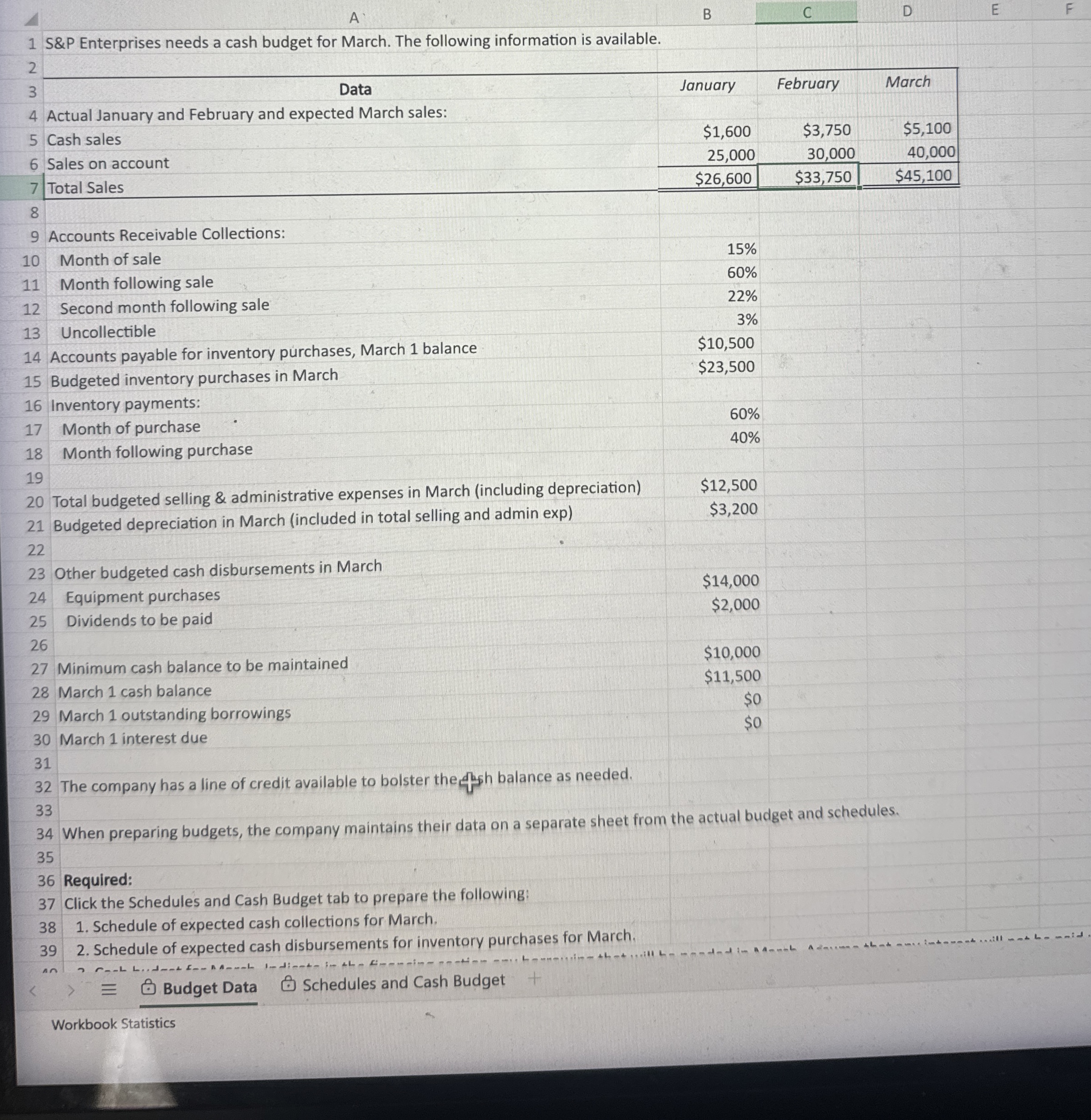 S&P Enterprises needs a cash budget for March.
