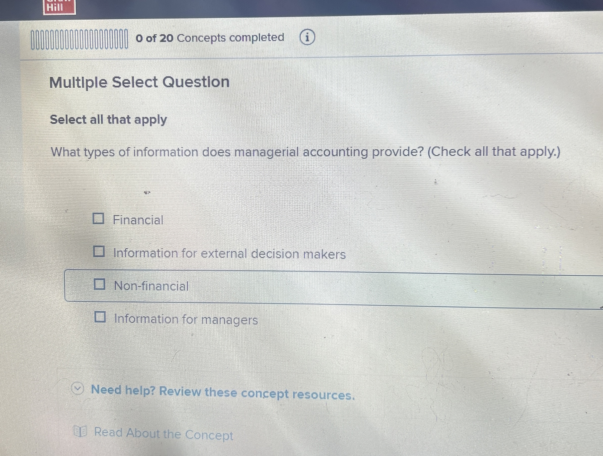 0 of 2 0 Concepts completed Multiple Select