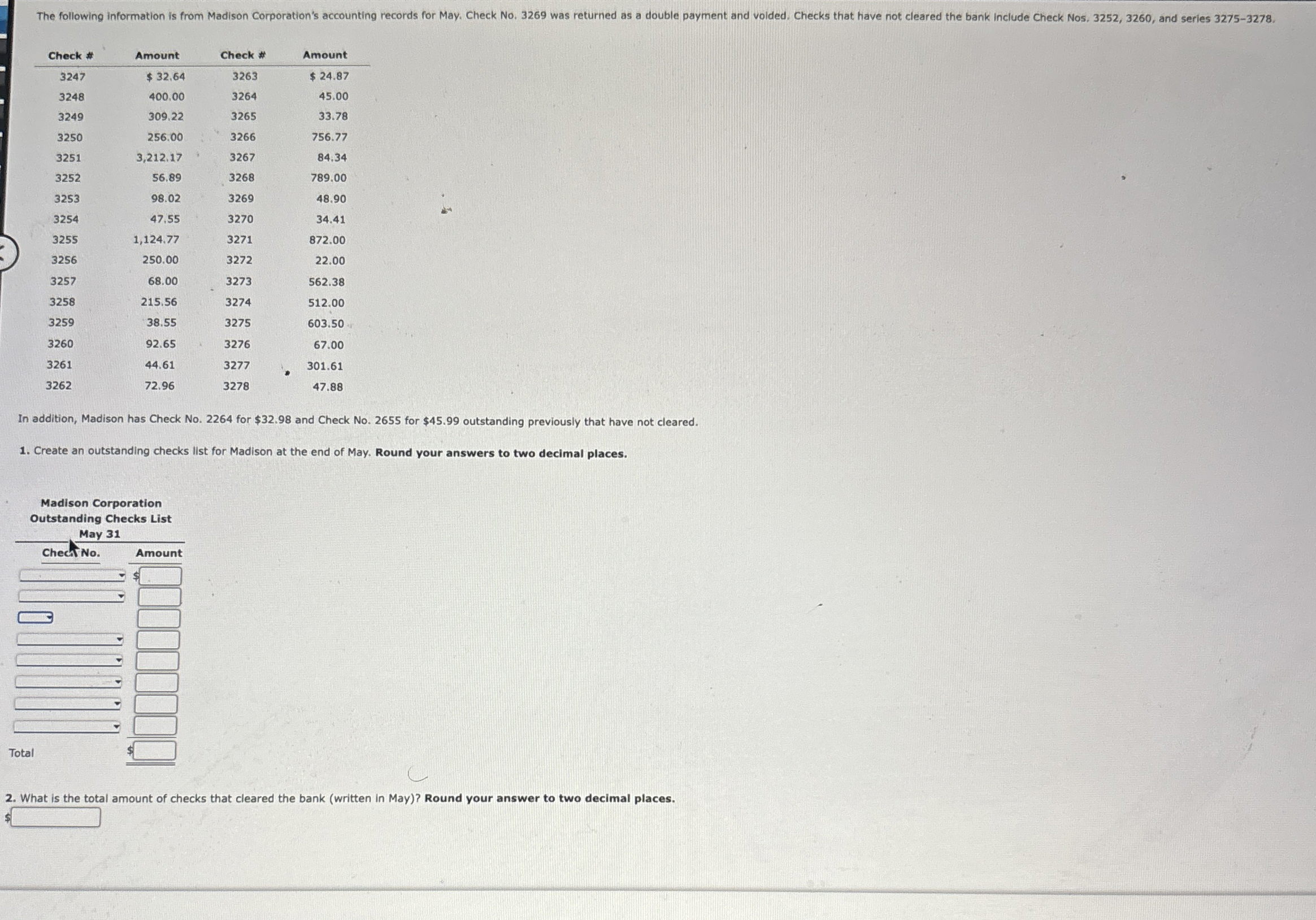 \ table [ [ Check # , Amount,Check # , Amount ] ,