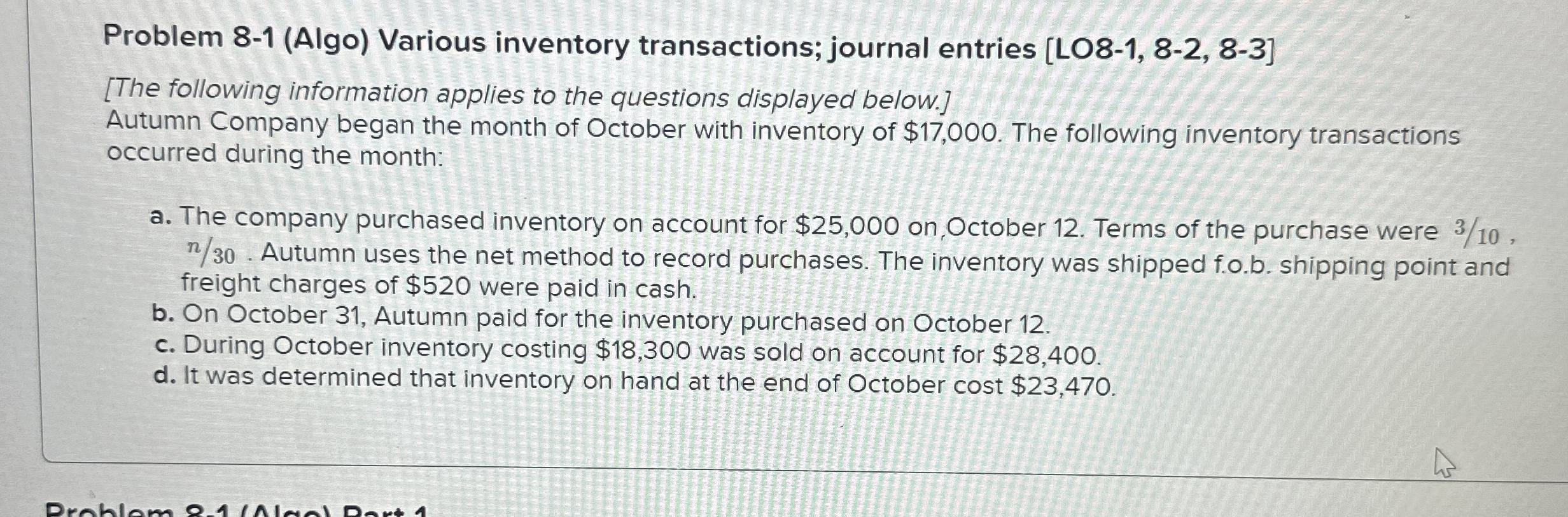 Problem 8 - 1 ( Algo ) Various inventory