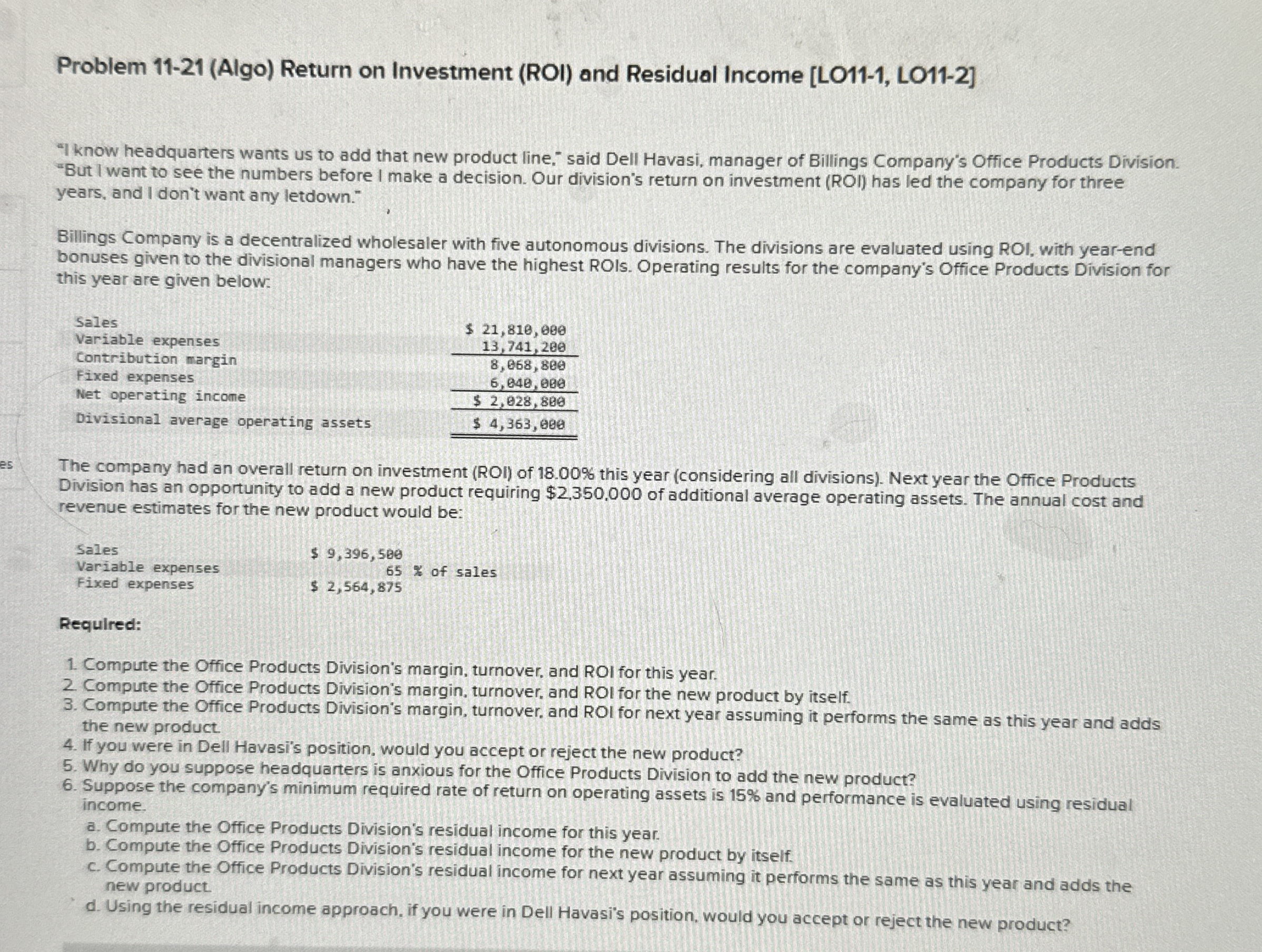 Problem 1 1 - 2 1 ( Algo ) Return on Investment (