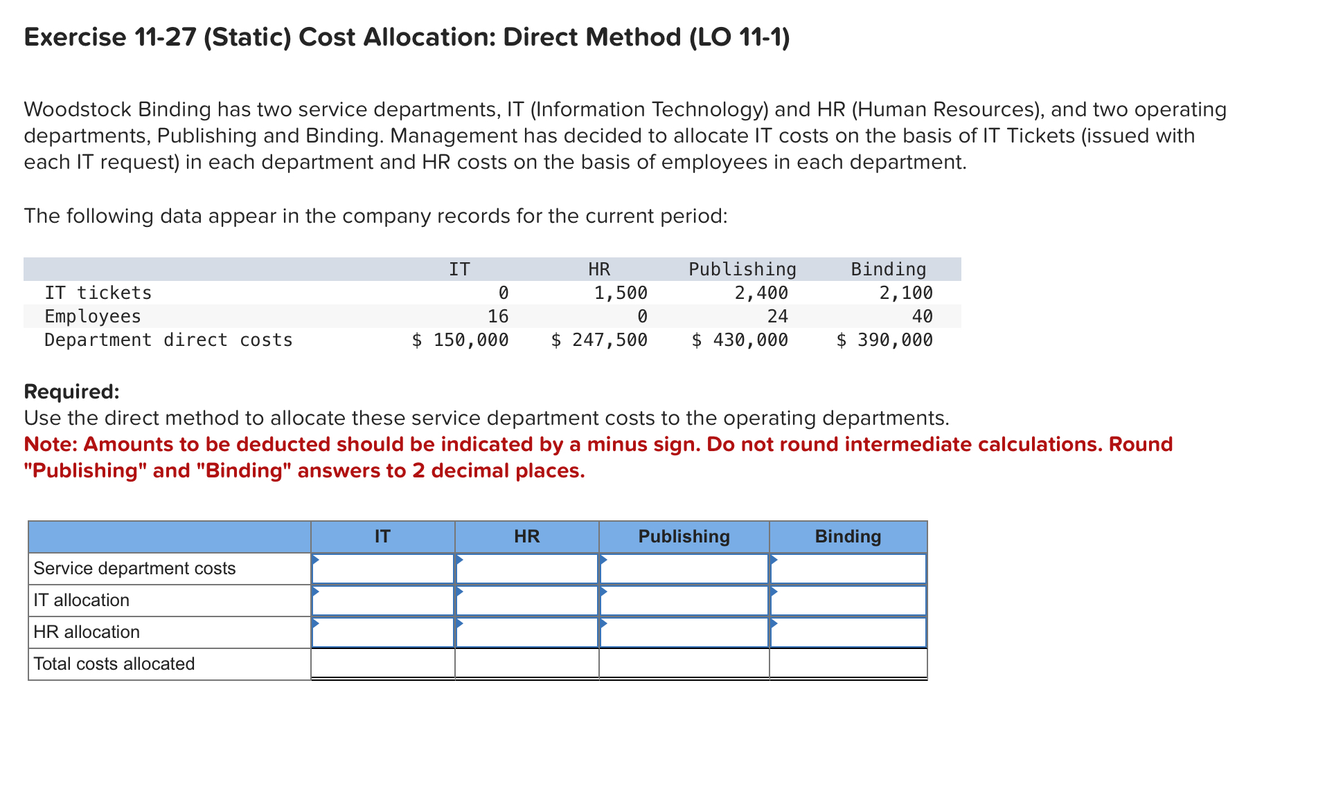 Exercise 1 1 - 2 7 ( Static ) Cost Allocation:
