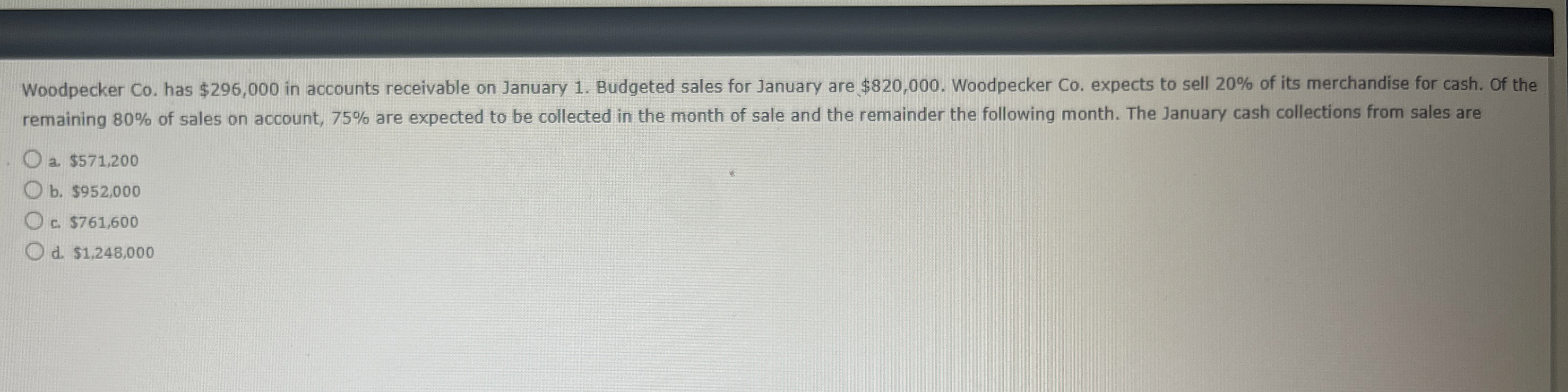 Woodpecker Co . has $ 2 9 6 , 0 0 0 in accounts