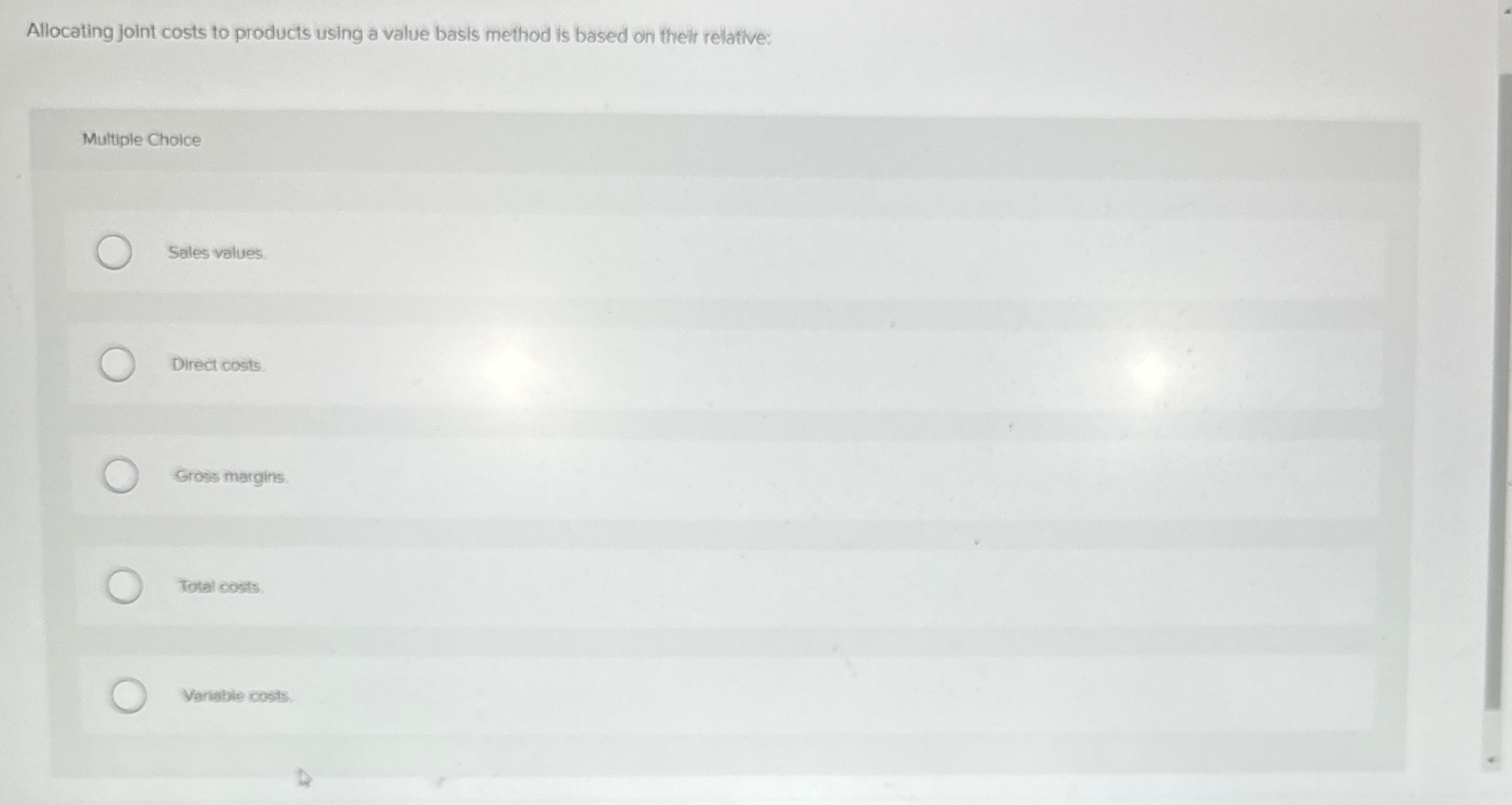 Allocating joint costs to products using a value