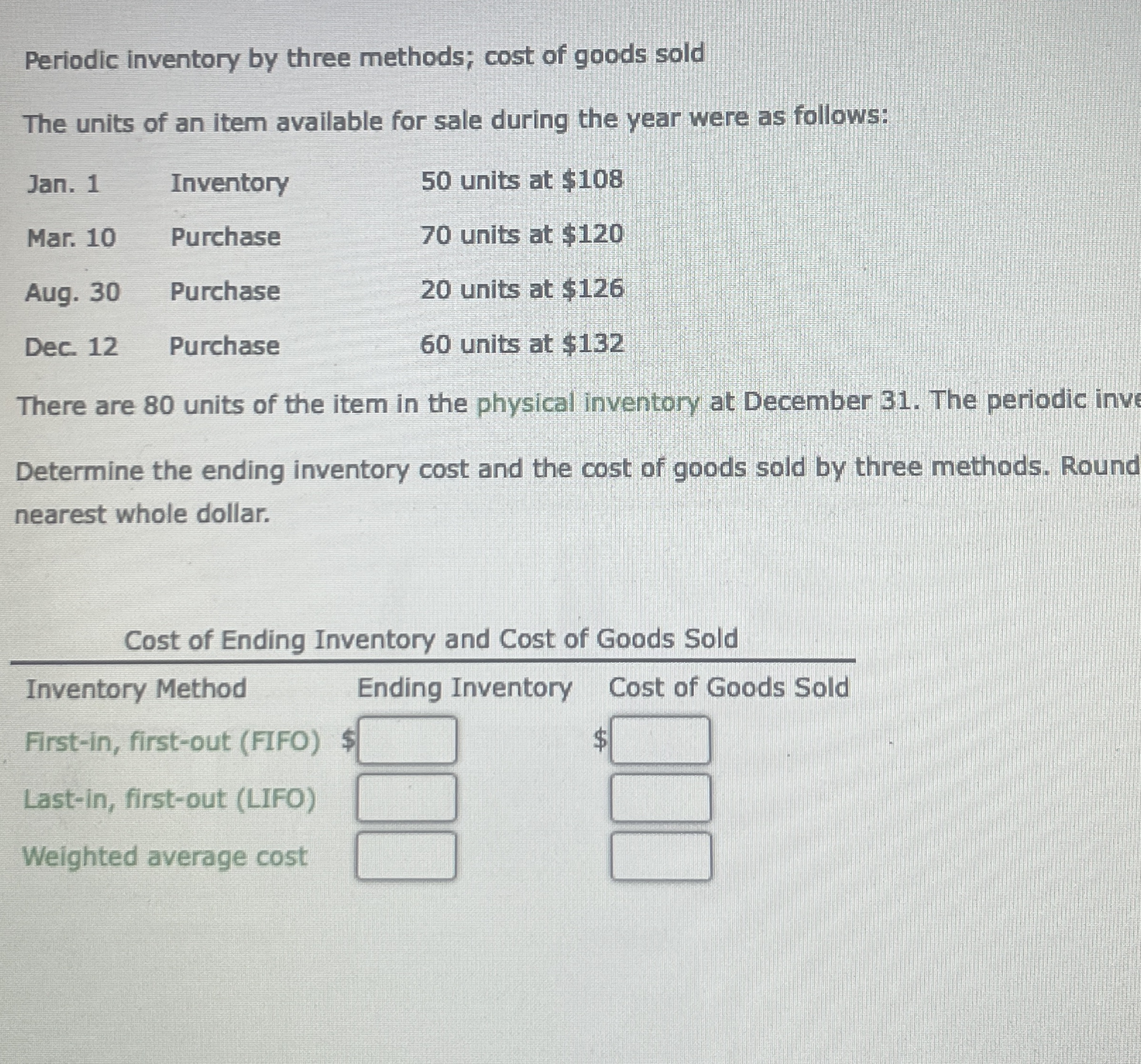 Periodic inventory by three methods; cost of