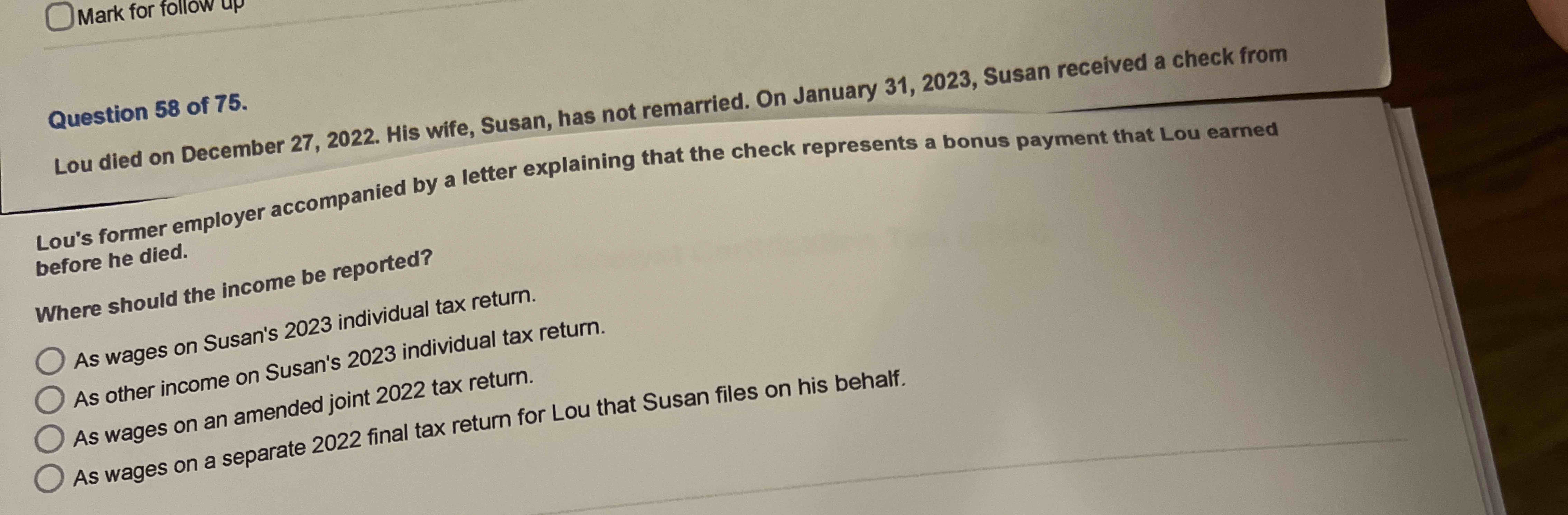 Question 5 8 of 7 5 . Lou died on December 2 7 ,