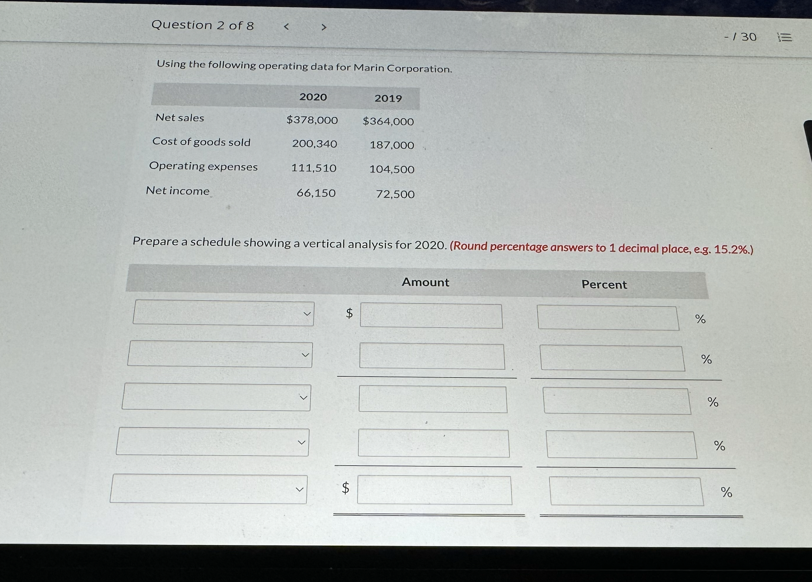Question 2 of 8 - 1 3 0 Using the following