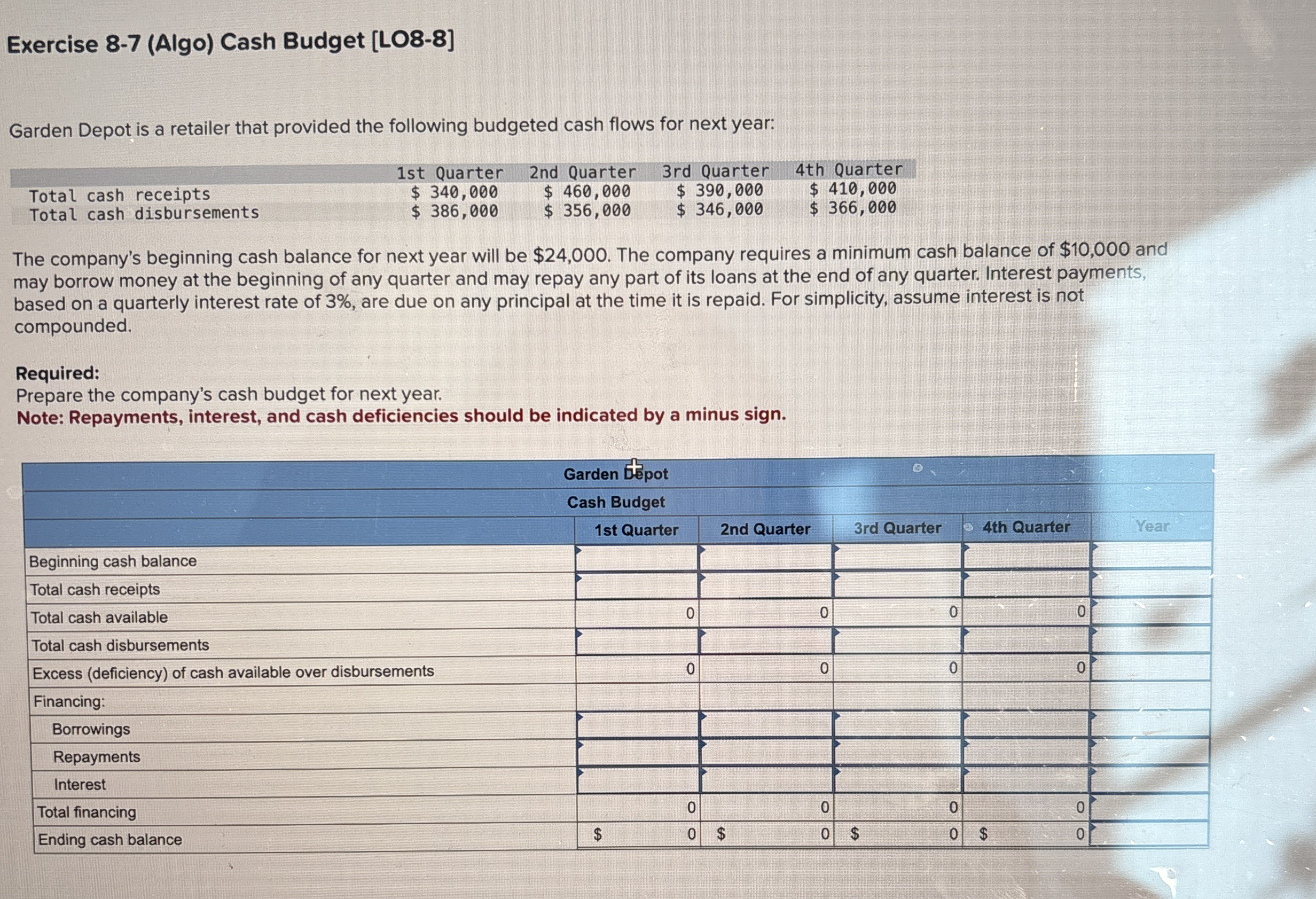 Exercise 8 - 7 ( Algo ) Cash Budget [ LO 8 - 8 ]