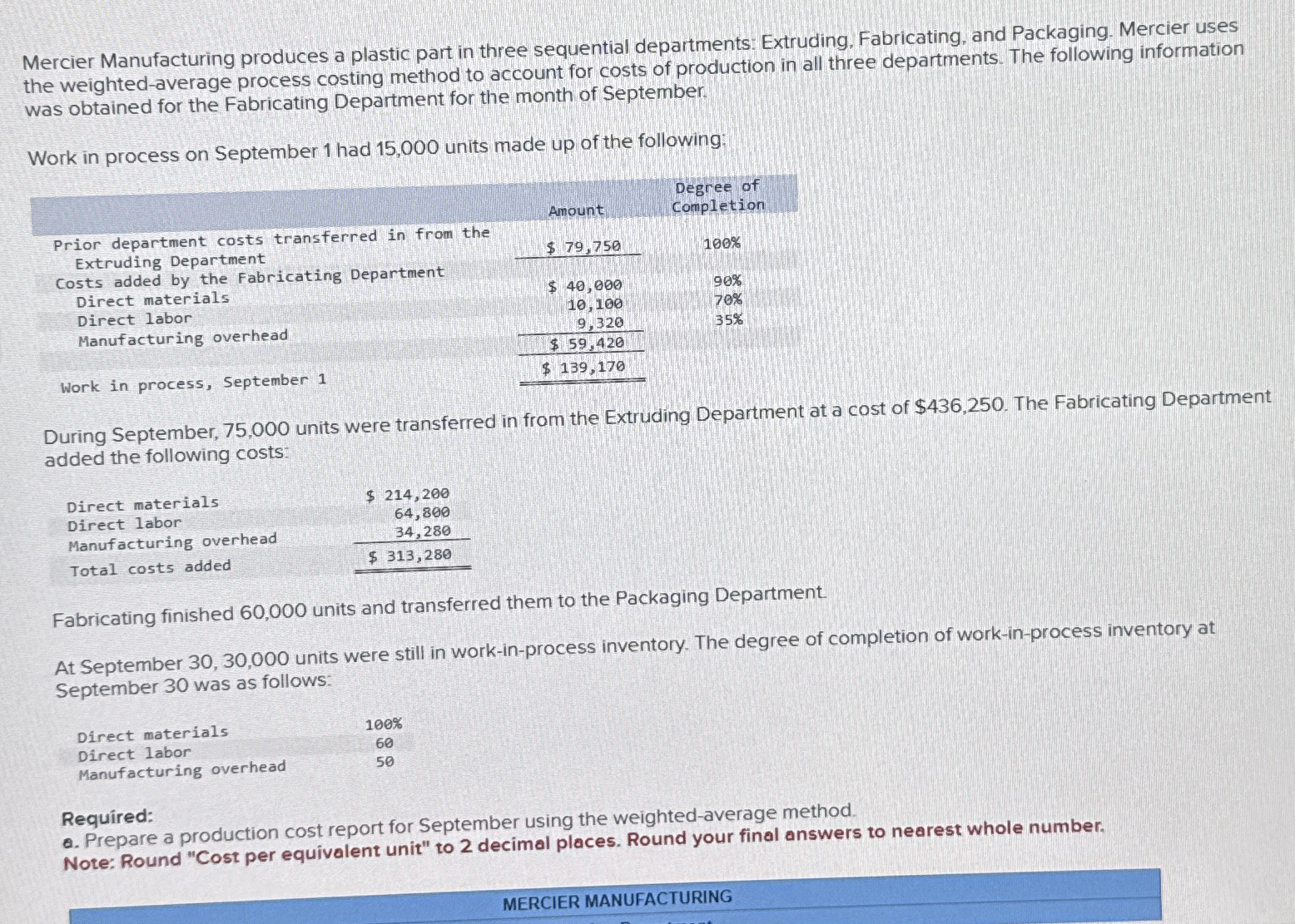 Mercier Manufacturing produces a plastic part in