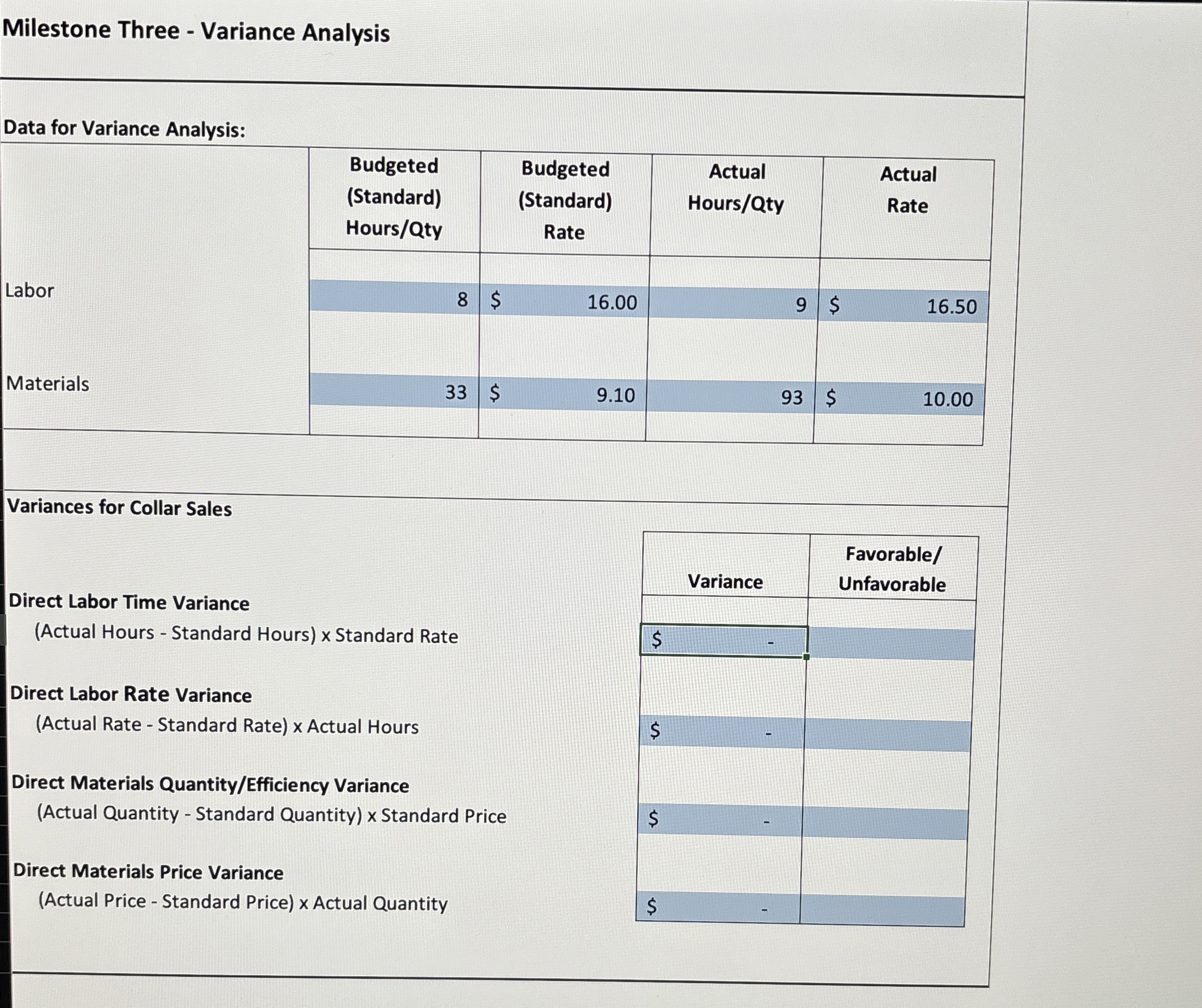 Milestone Three - Variance Analysis Data for
