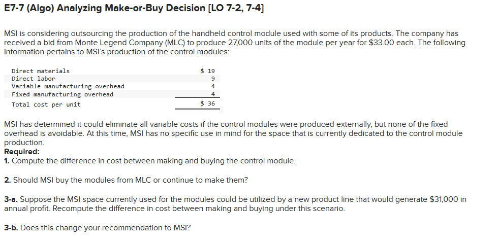 E 7 - 7 ( Algo ) Analyzing Make - or - Buy
