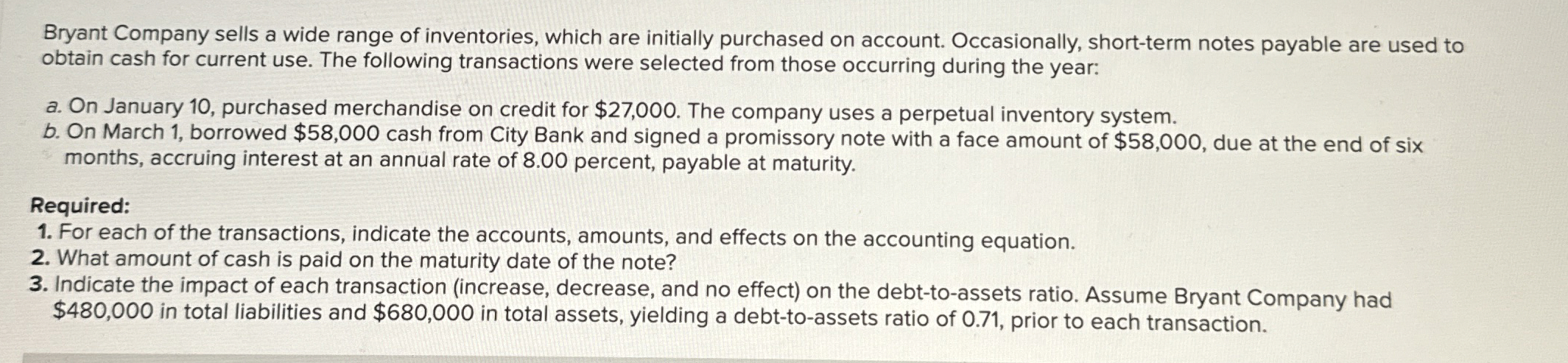 Bryant Company sells a wide range of inventories,