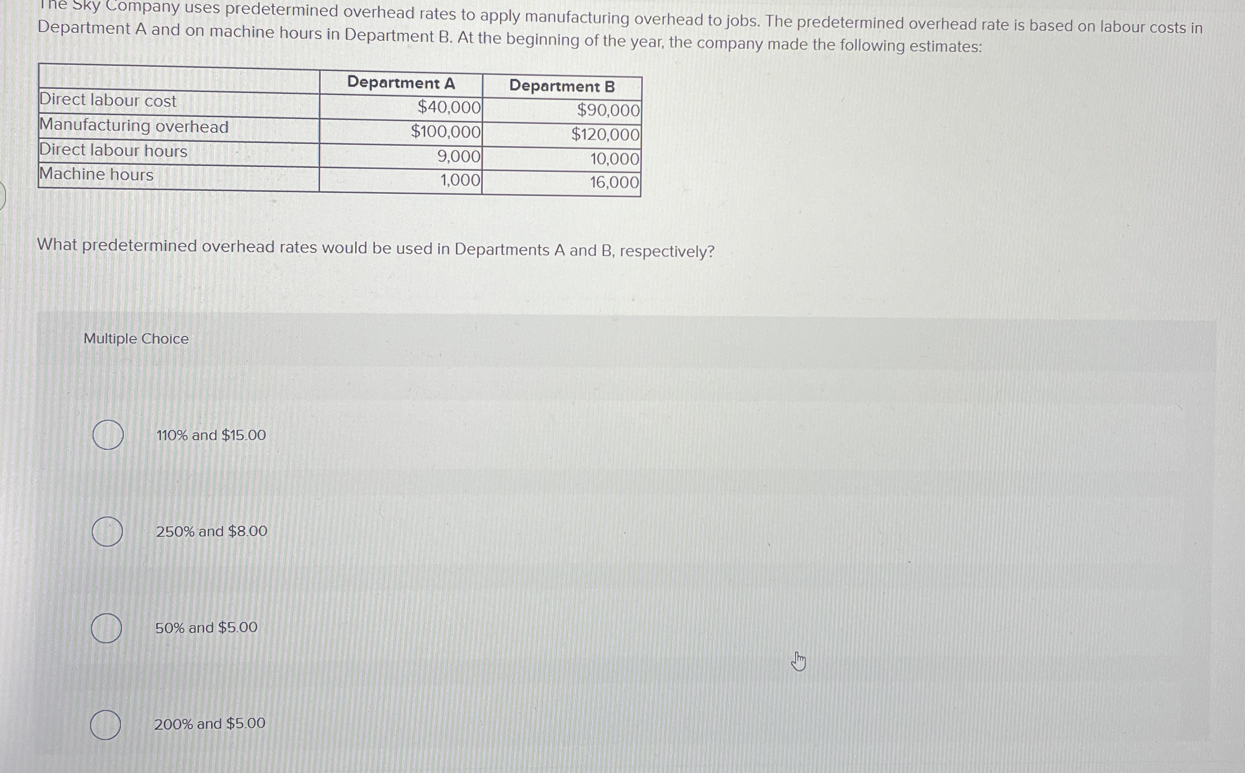 Department A and on machine hours in Department B