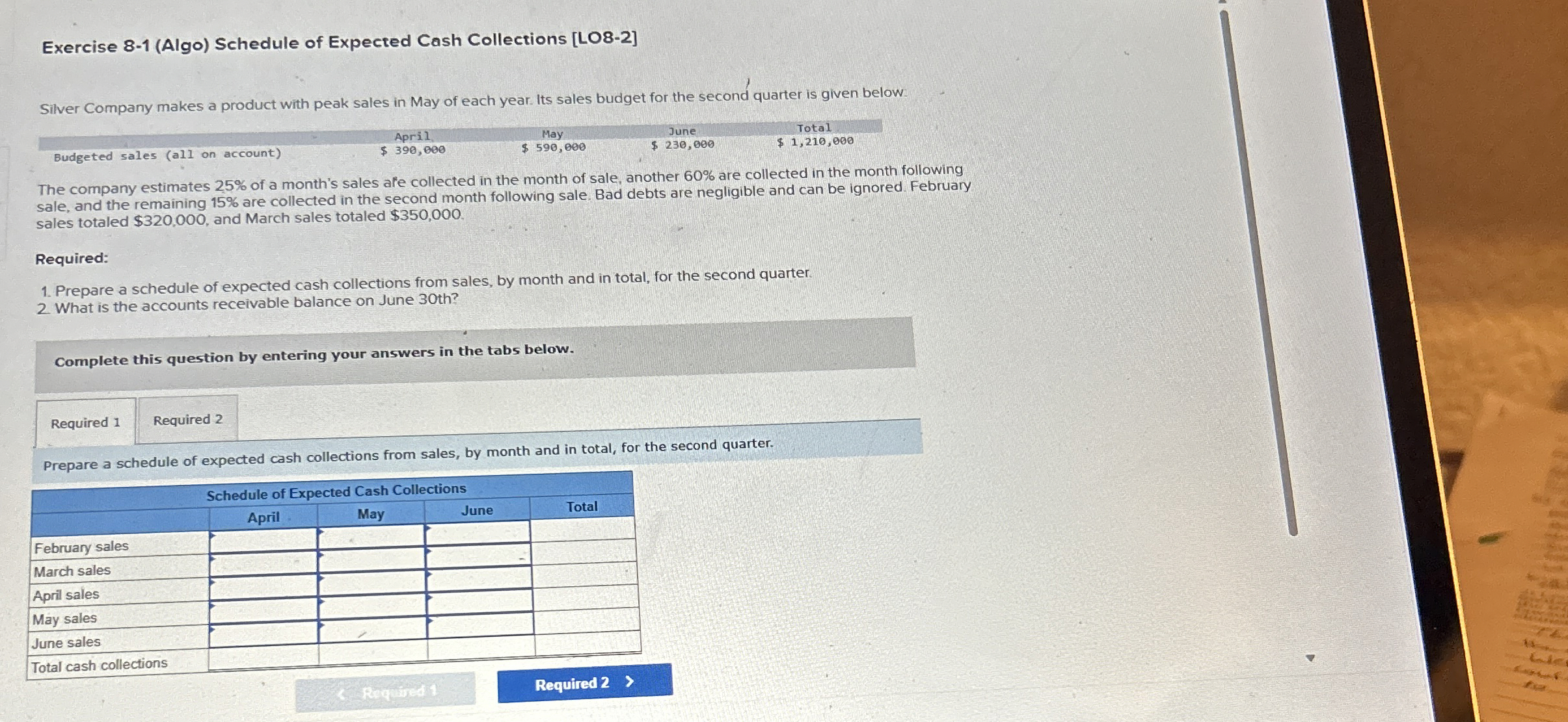 Exercise 8 - 1 ( Algo ) Schedule of Expected Cash