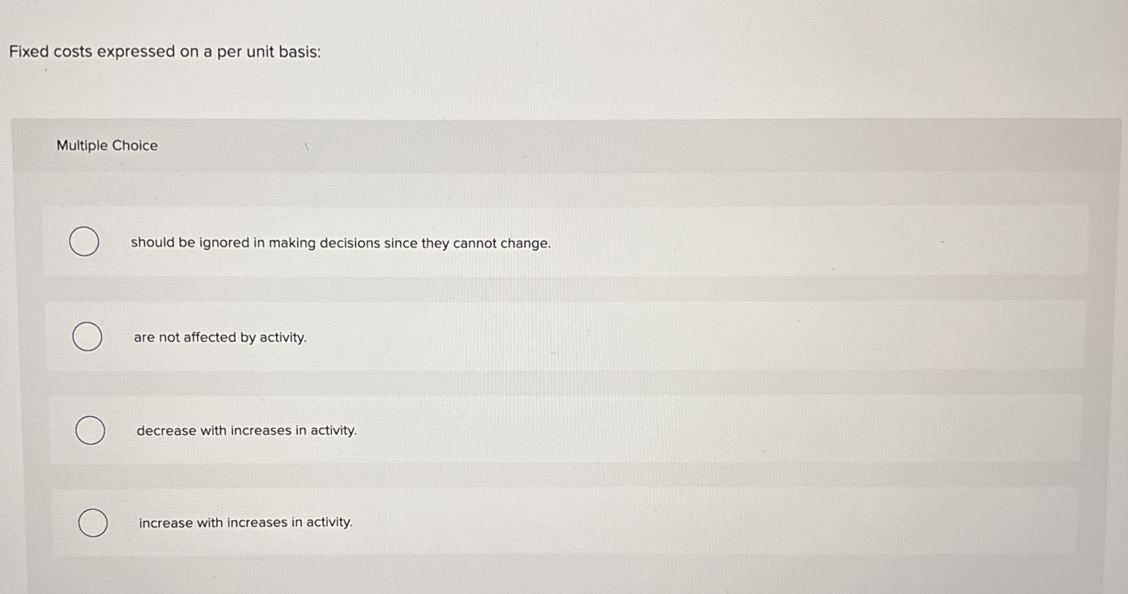 Fixed costs expressed on a per unit basis: