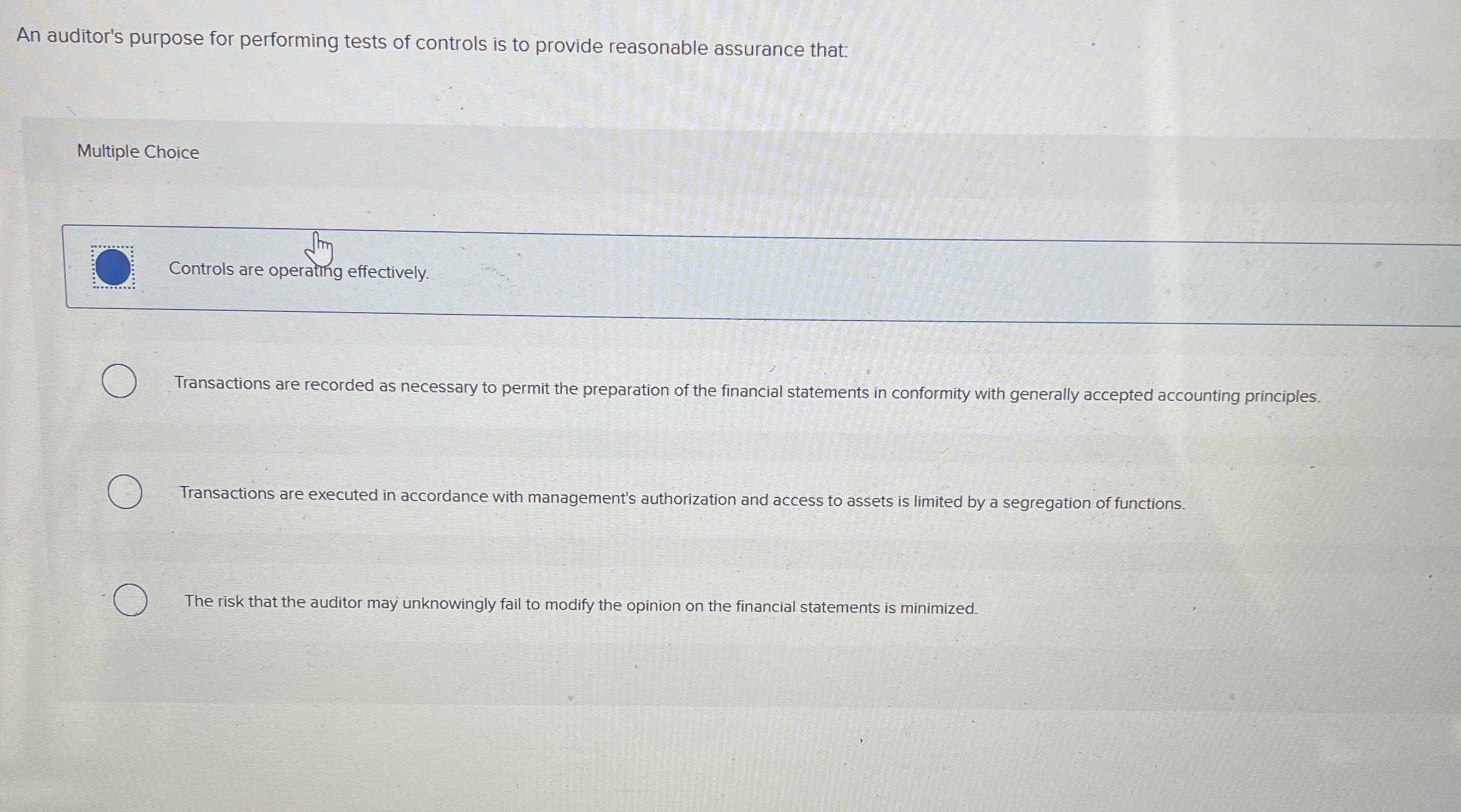 An auditor's purpose for performing tests of