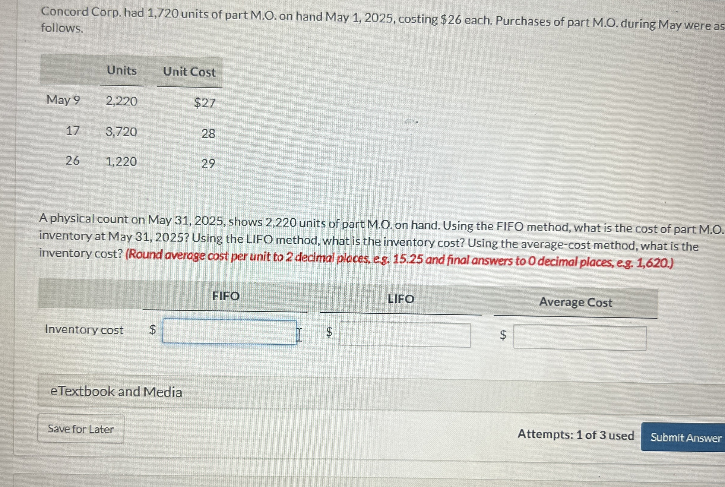 Concord Corp. had 1 , 7 2 0 units of part M . O .