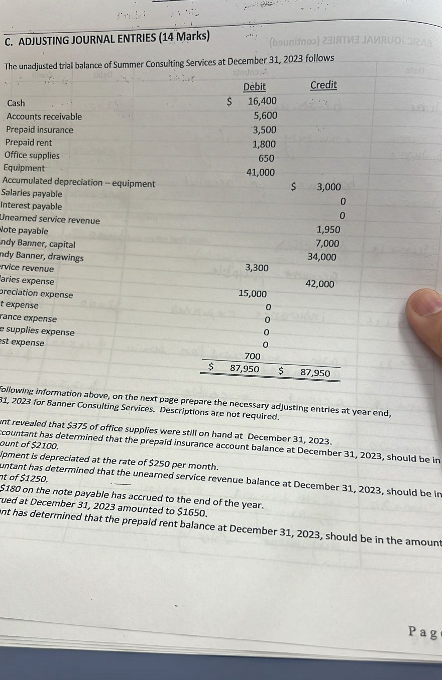 C . ADJUSTING JOURNAL ENTRIES ( 1 4 Marks ) The