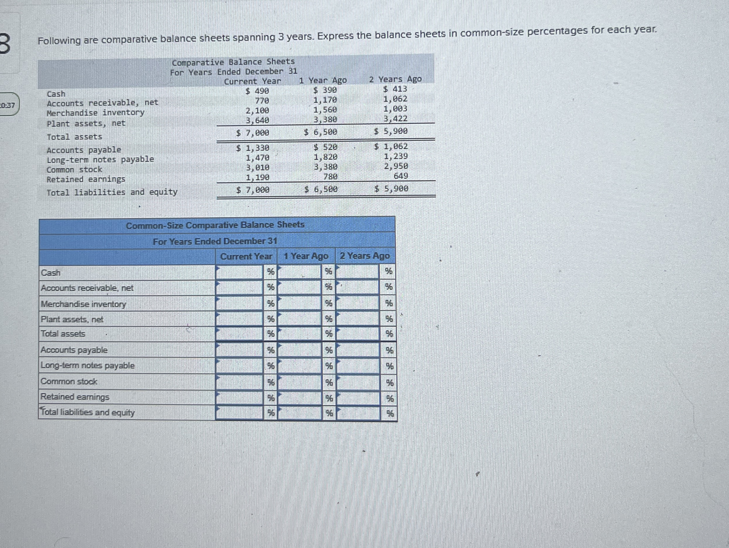 Following are comparative balance sheets spanning