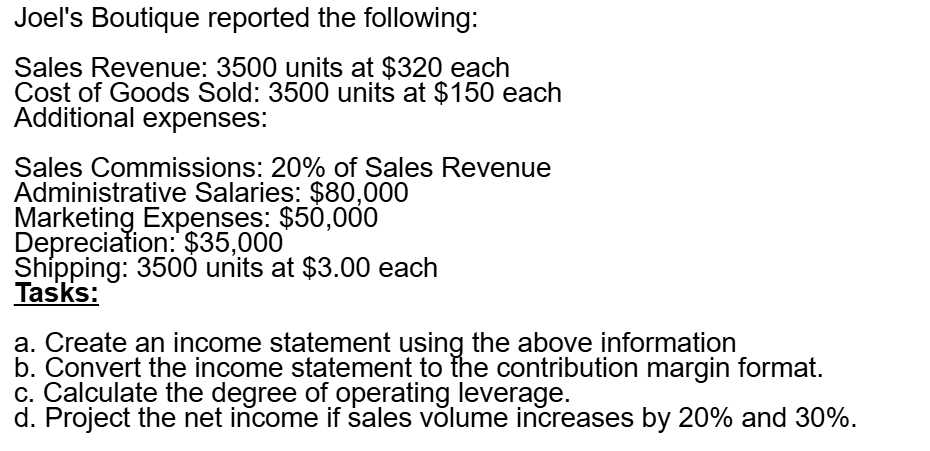 Sales Revenue: 3 5 0 0 units at $ 3 2 0 each Cost