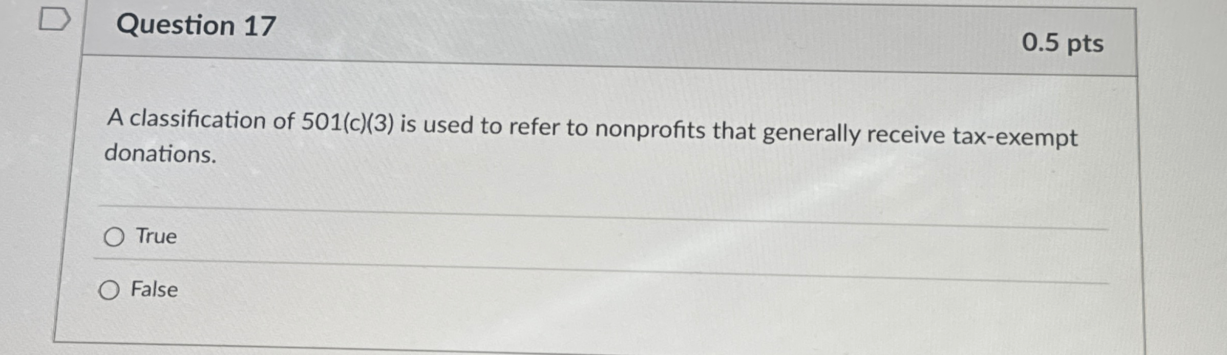Question 1 7 0 . 5 pts A classification of 5 0 1