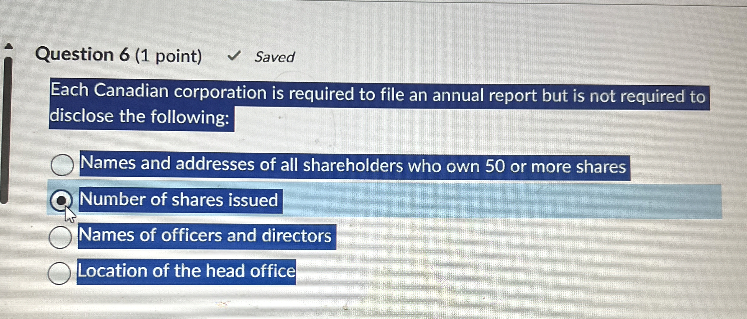 Question 6 ( 1 point ) Saved Each Canadian