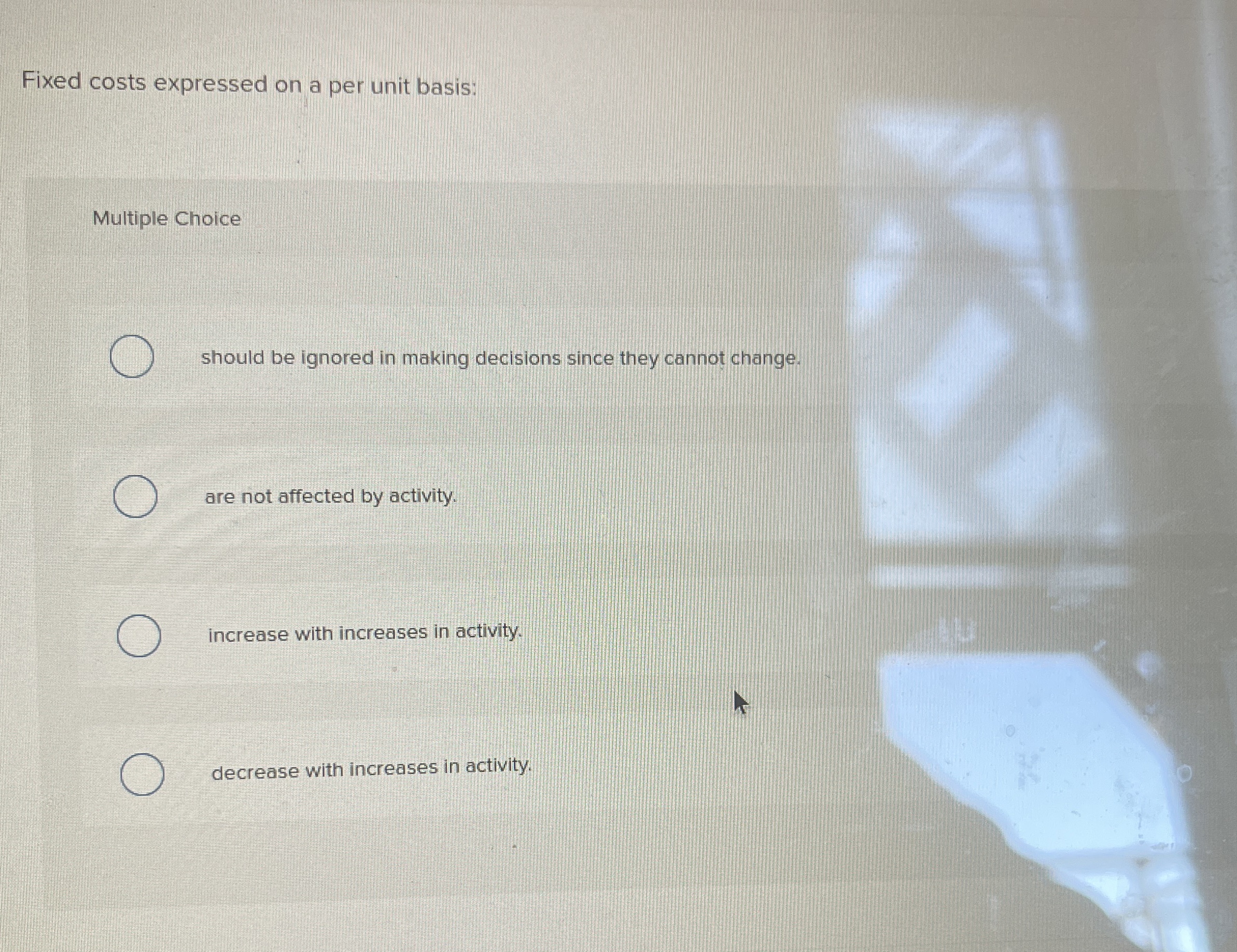 Fixed costs expressed on a per unit basis: