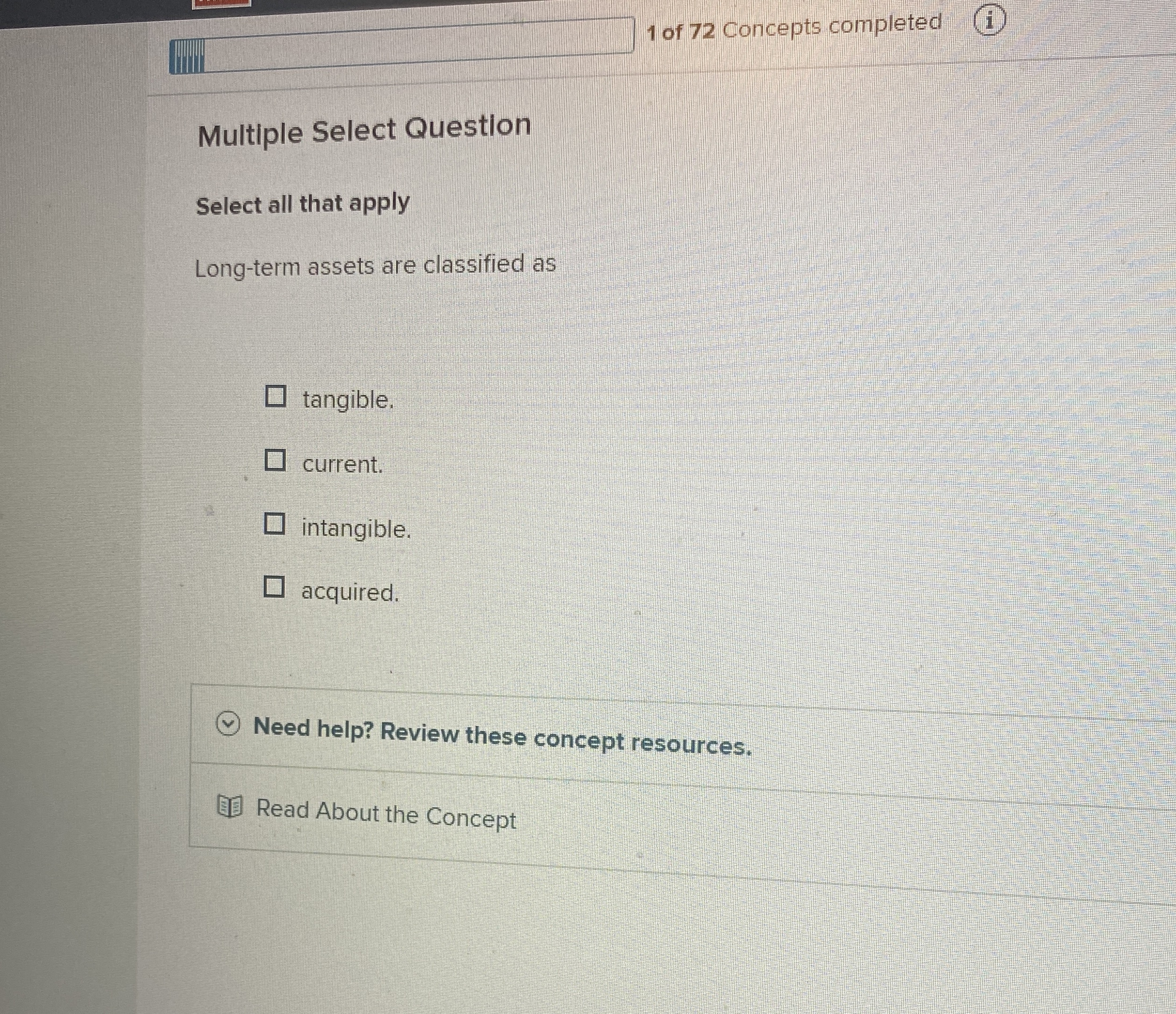 1 of 7 2 Concepts completed Multiple Select