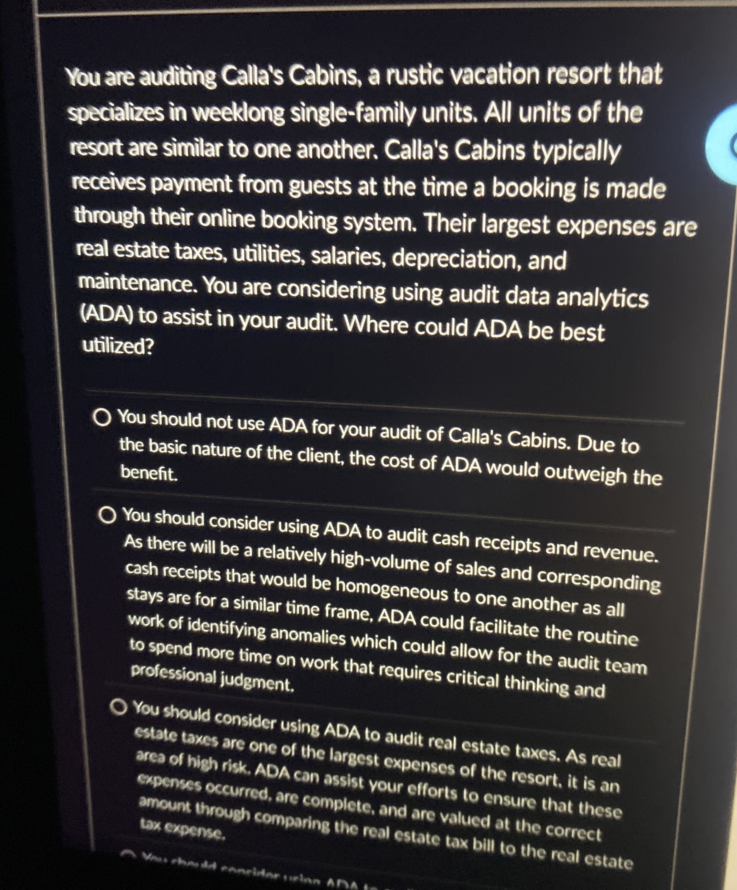 You are auditing Calla's Cabins, a rustic