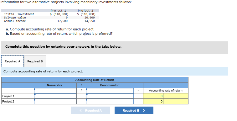Information for two alternative projects