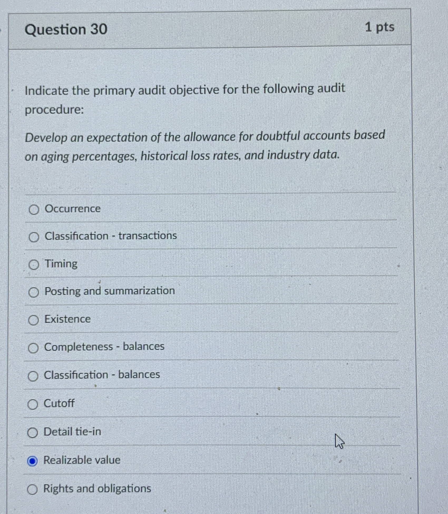 Question 3 0 1 pts Indicate the primary audit