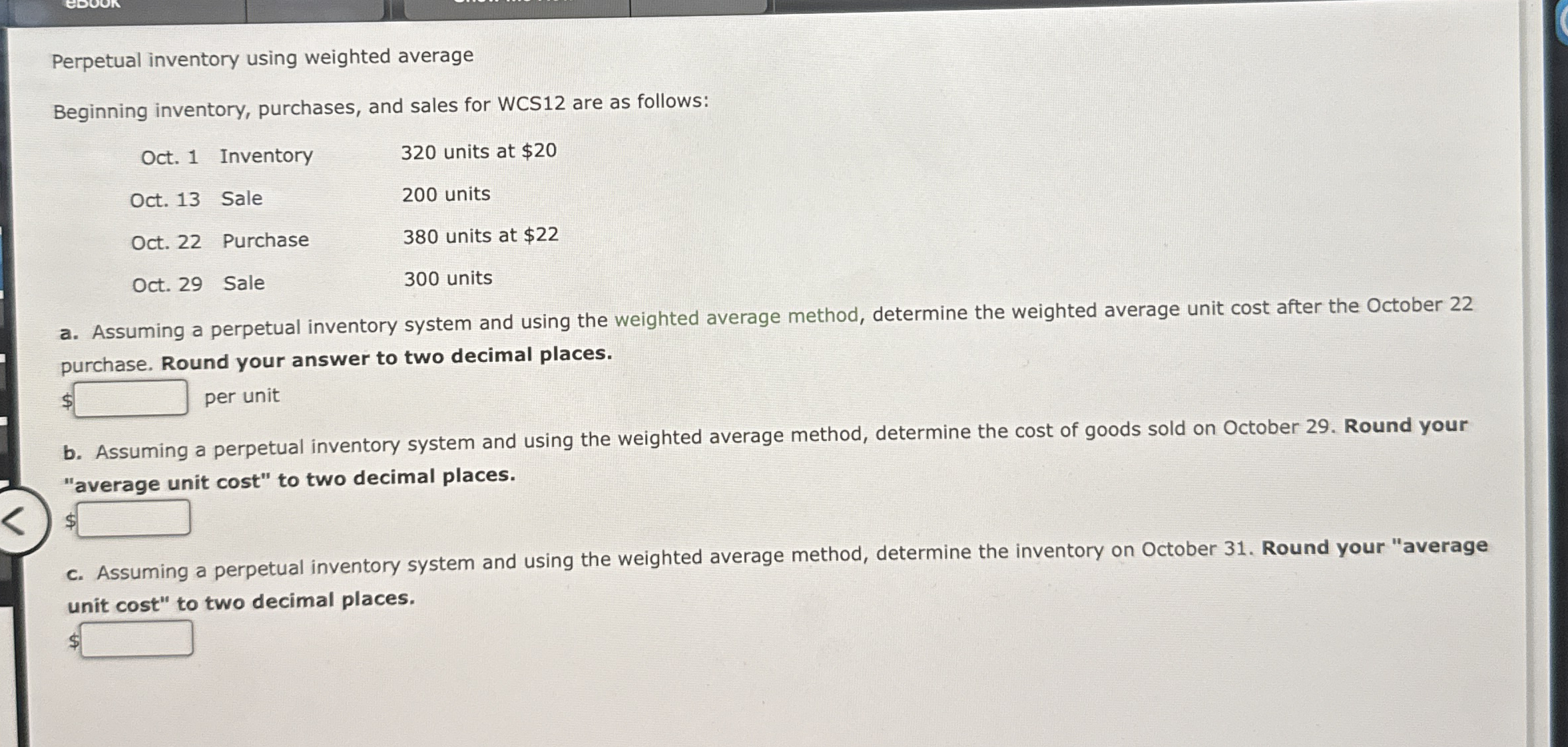 Perpetual inventory using weighted average