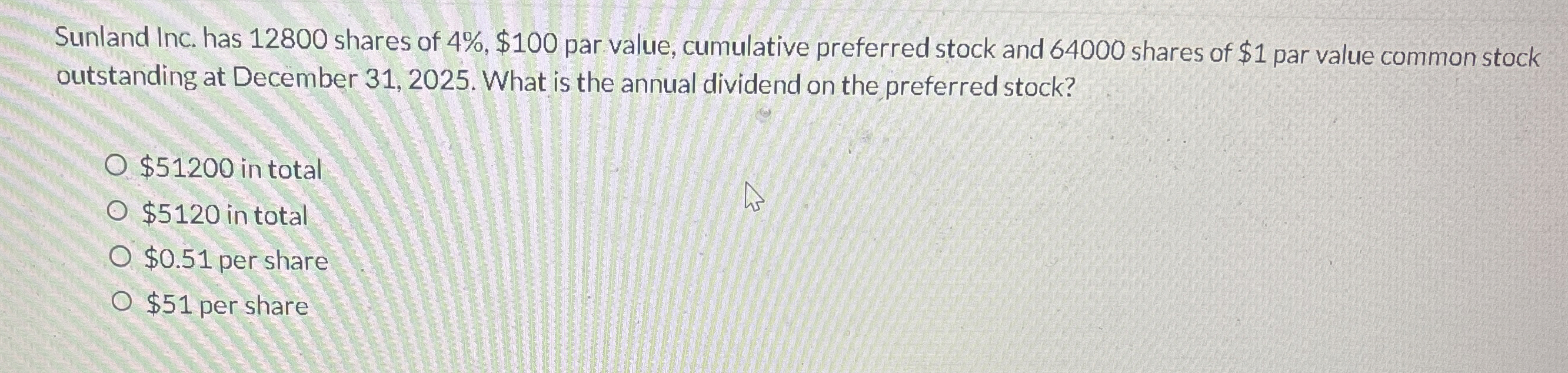 Sunland Inc. has 1 2 8 0 0 shares of 4 % , $ 1 0