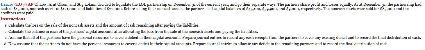 Instructions a . Calculate the loss on the sale