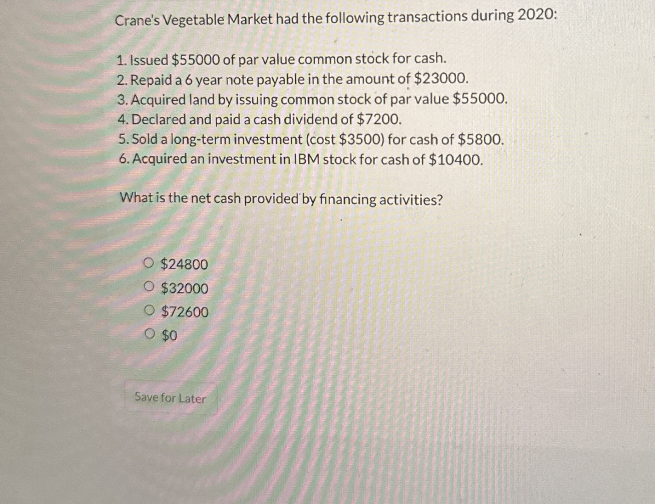 Crane's Vegetable Market had the following