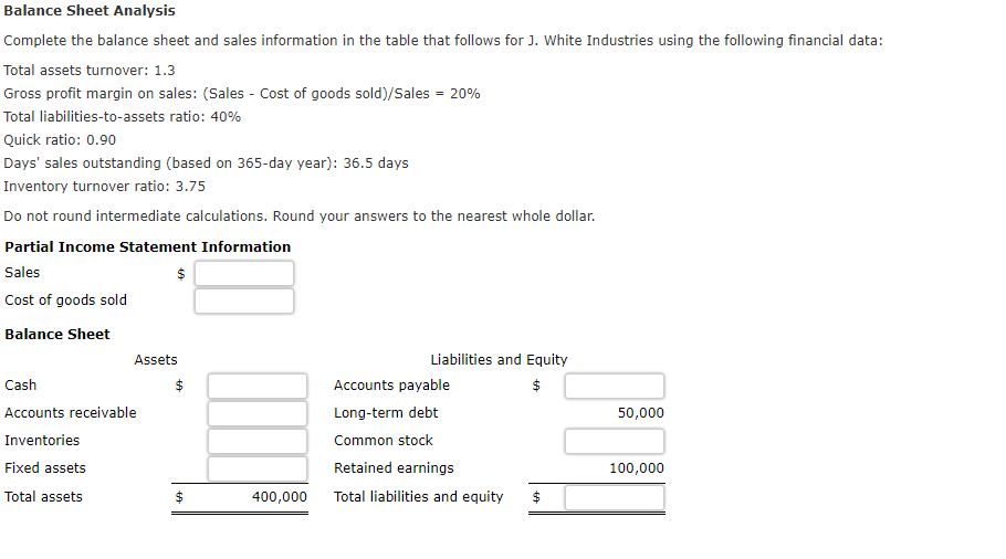 Balance Sheet Analysis Complete the balance sheet