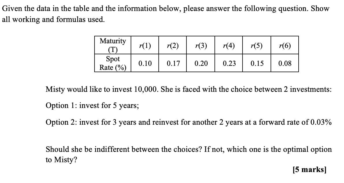 Given the data in the table and the information