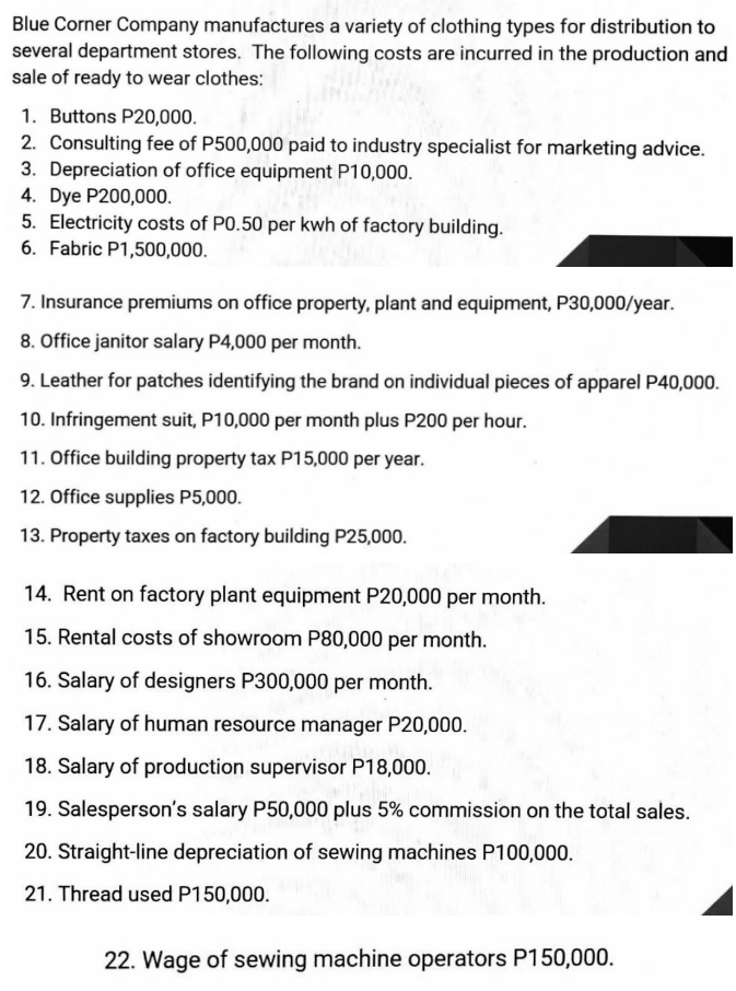 Required: Classify the costs according to