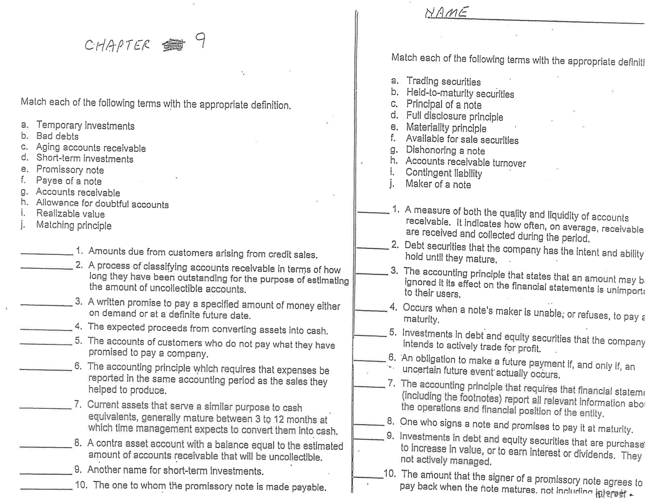 Please help match the definitions NAME CHAPTER 9