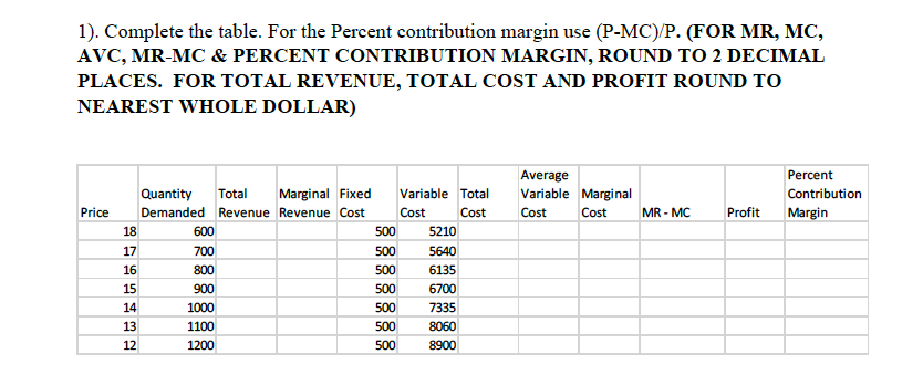 1). Complete the table. For the Percent