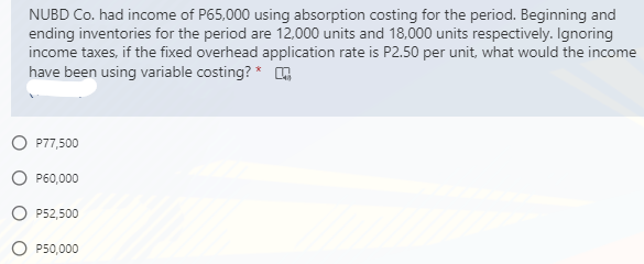 NUBD Co. had income of P65,000 using absorption