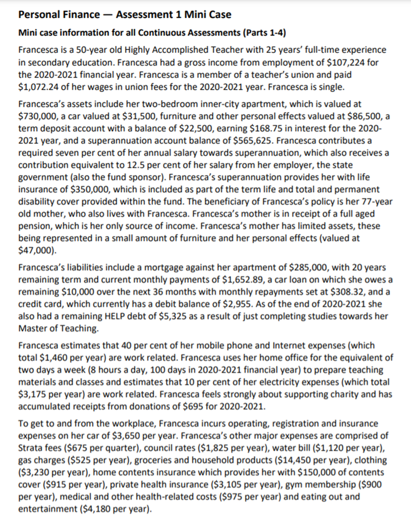 Personal Finance Assessment 1 Mini Case Mini case