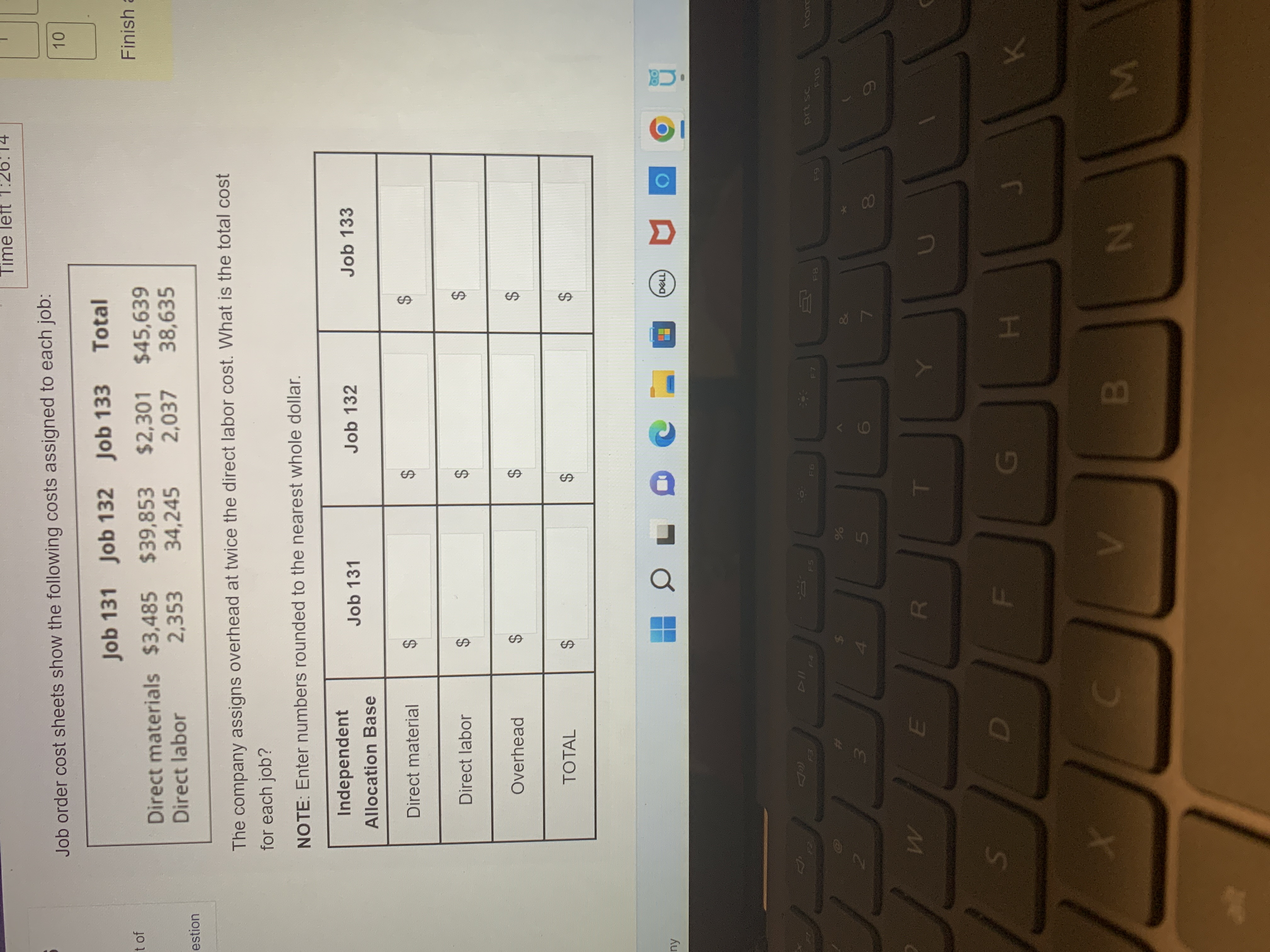 Time left 1:26:14 Job order cost sheets show the