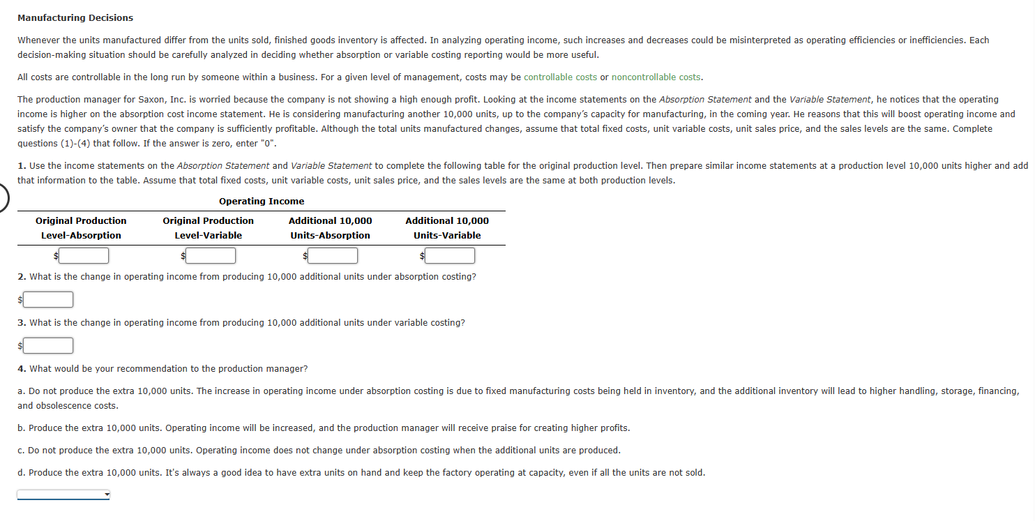 Manufacturing Decisions Whenever the units