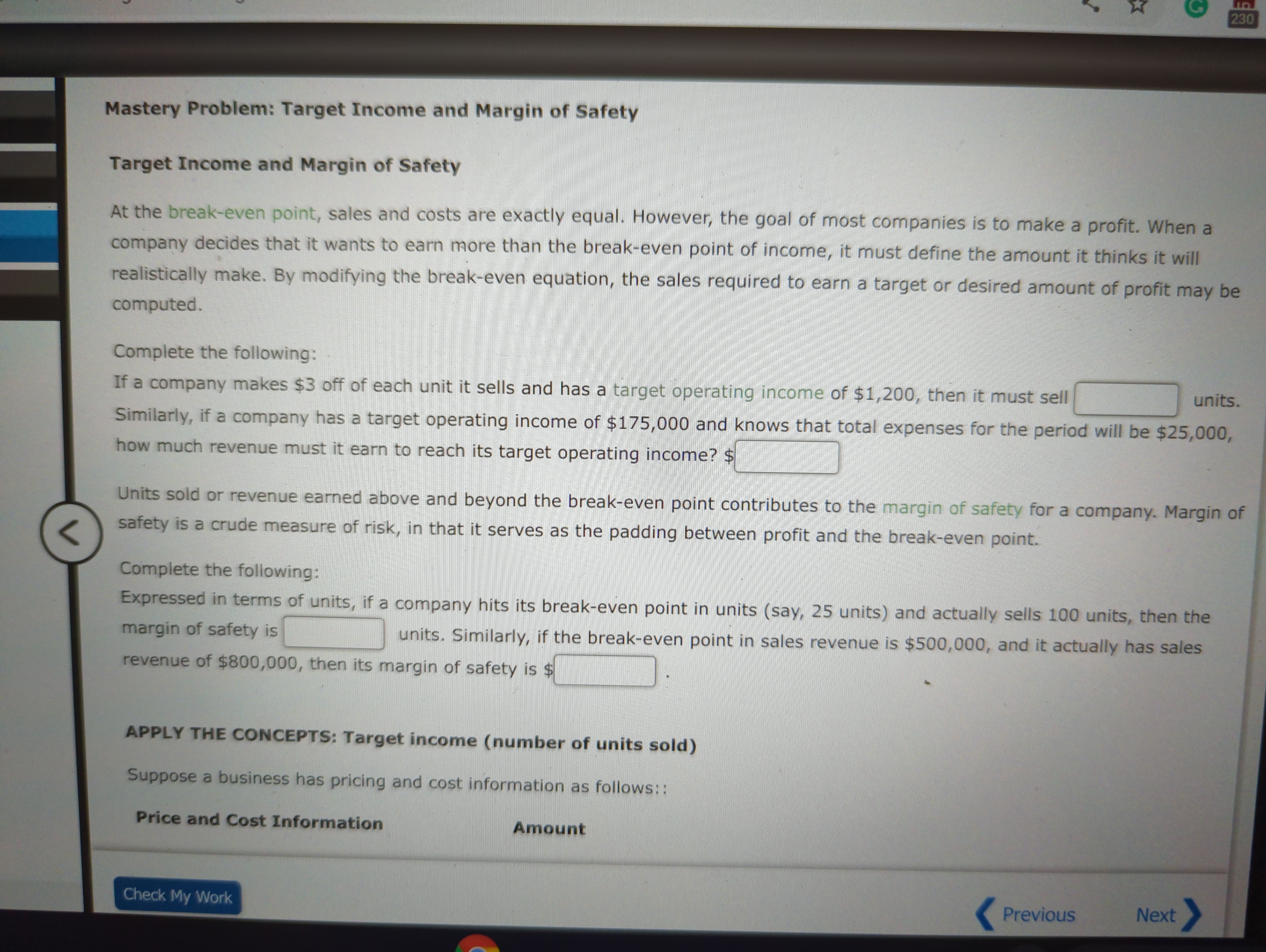 230 Mastery Problem: Target Income and Margin of