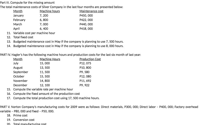Part III. Compute for the missing amount The