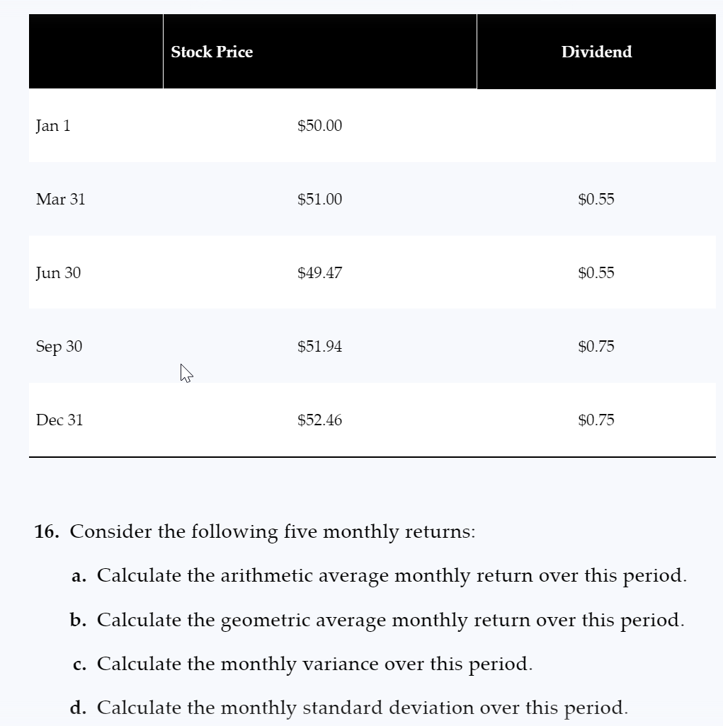 calculate returns for each month and explain how
