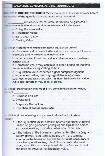 VALUATION CONCEPTS AND METHODOLOGIES DIERCISES we
