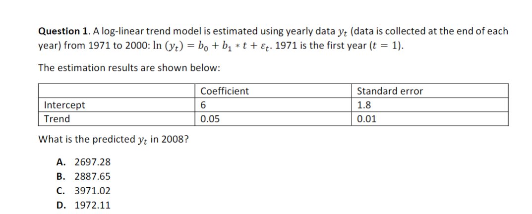 Question 1. A log-linear trend model is estimated