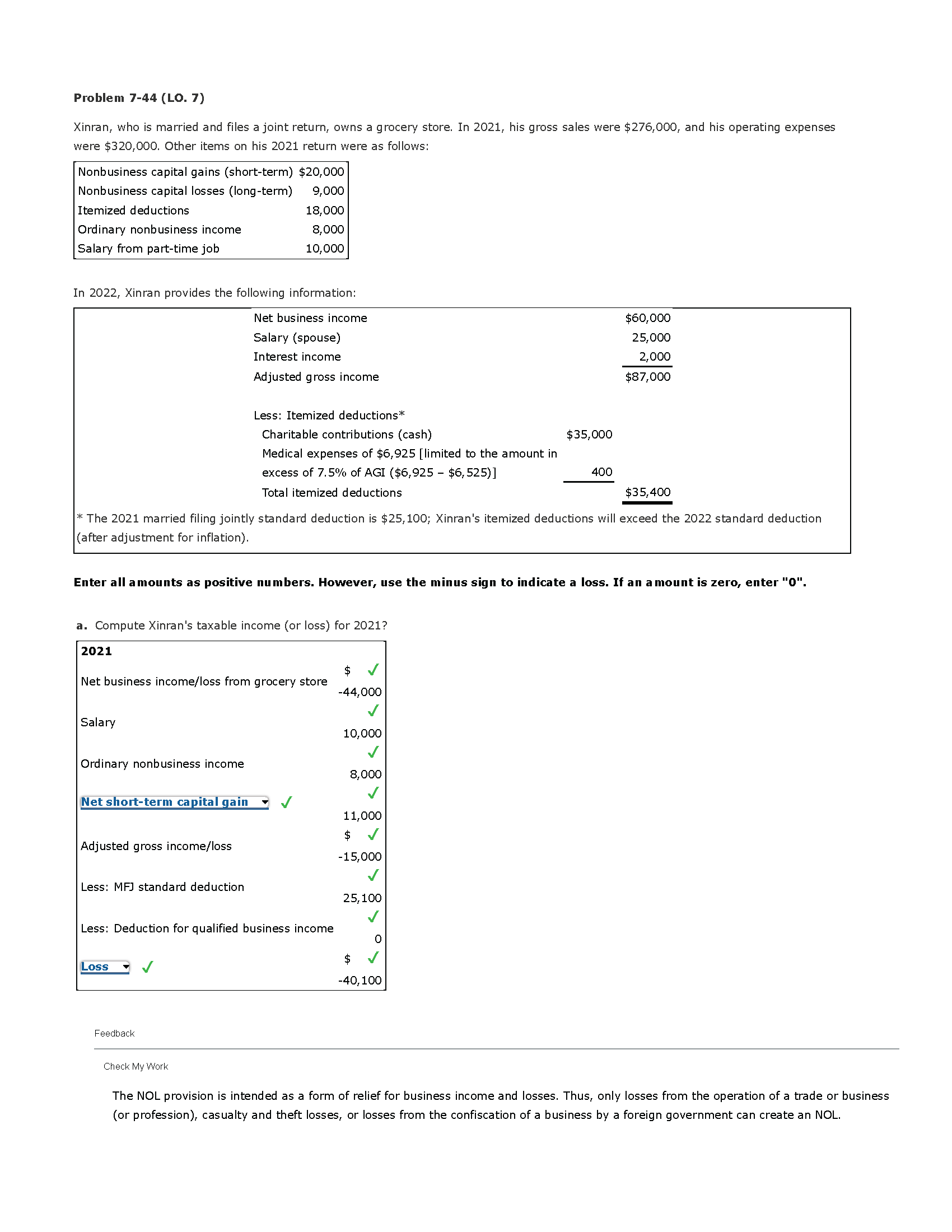 Problem 7-44 (LO. 7) Xinran, who is married and
